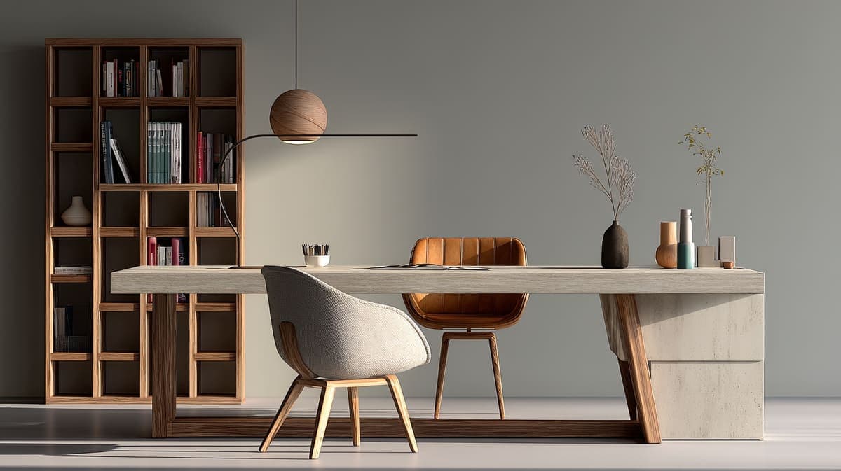 Minimal desk with warm light and calm studio objects.