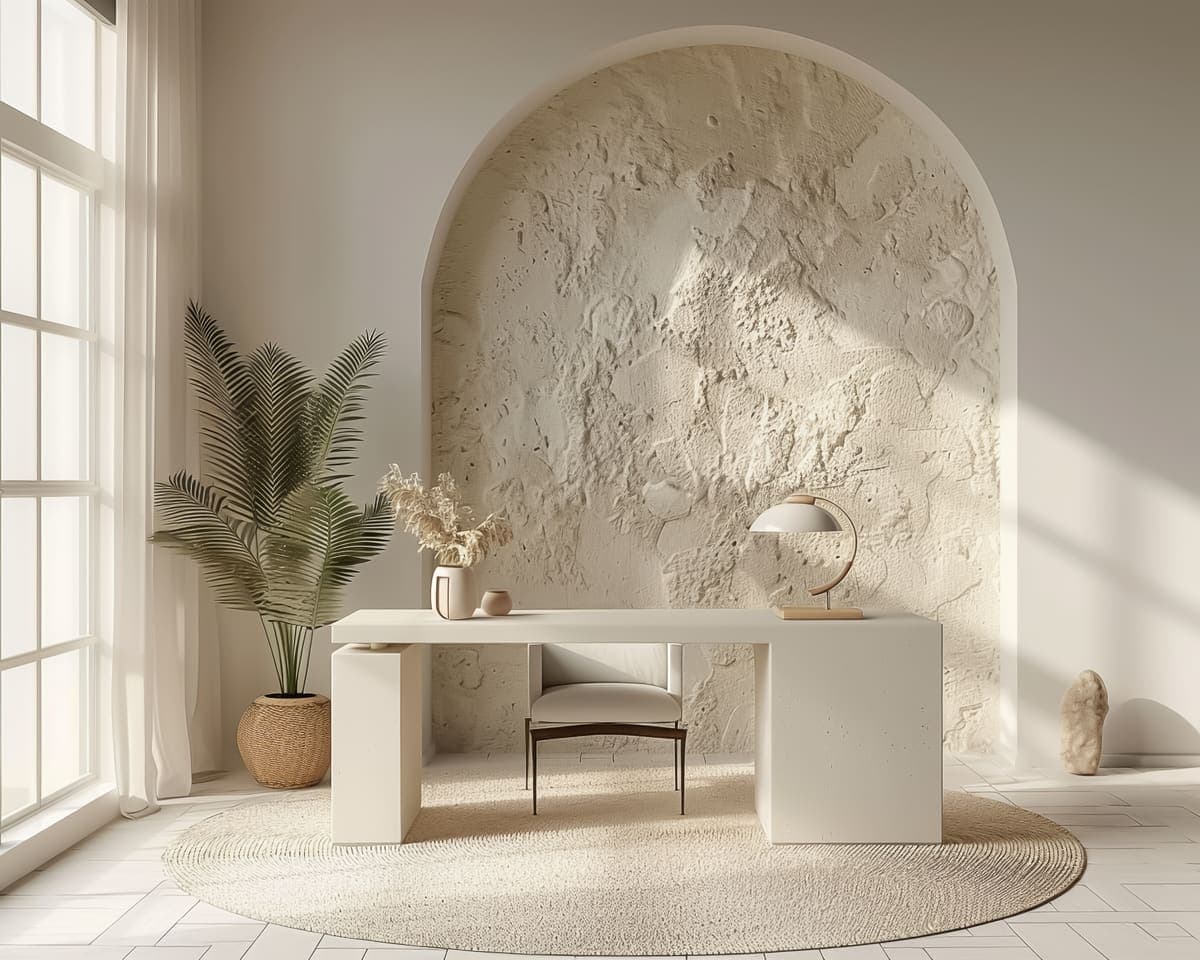 Desk and chair in a bright home office.