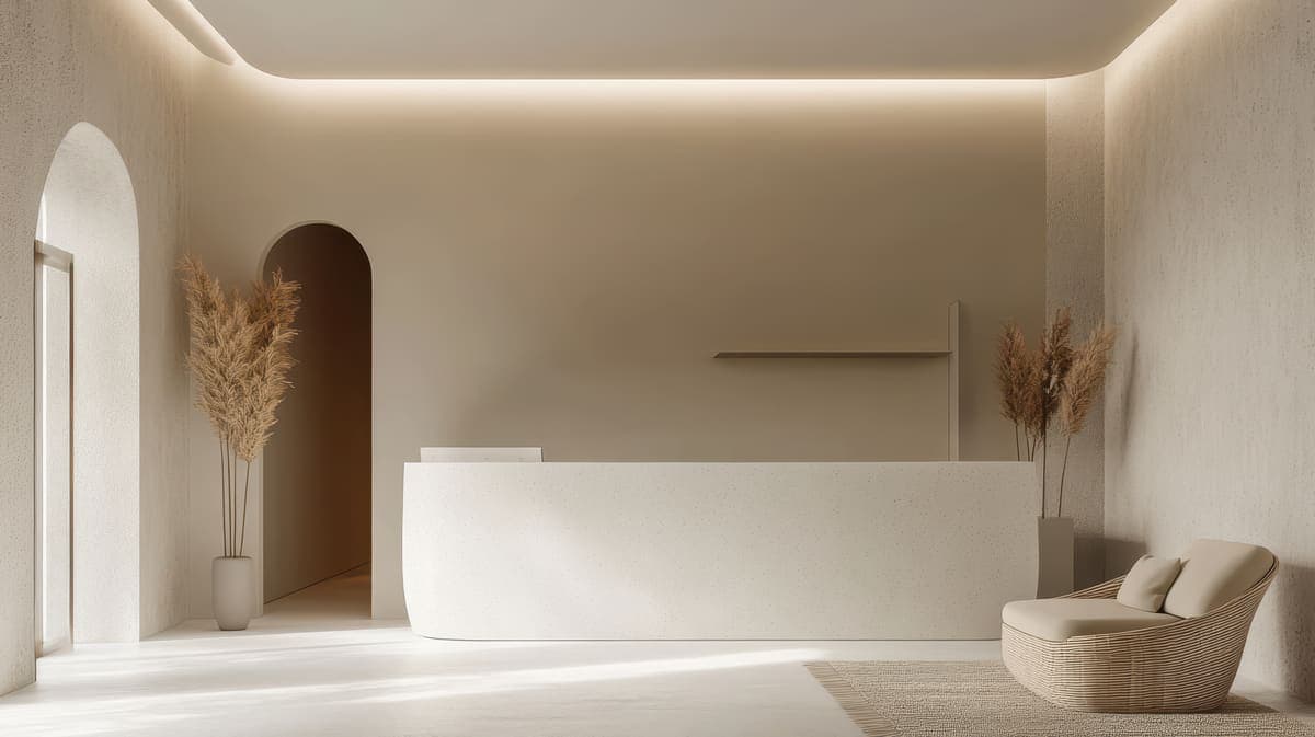 Lobby seating area with neutral walls and wood accents.