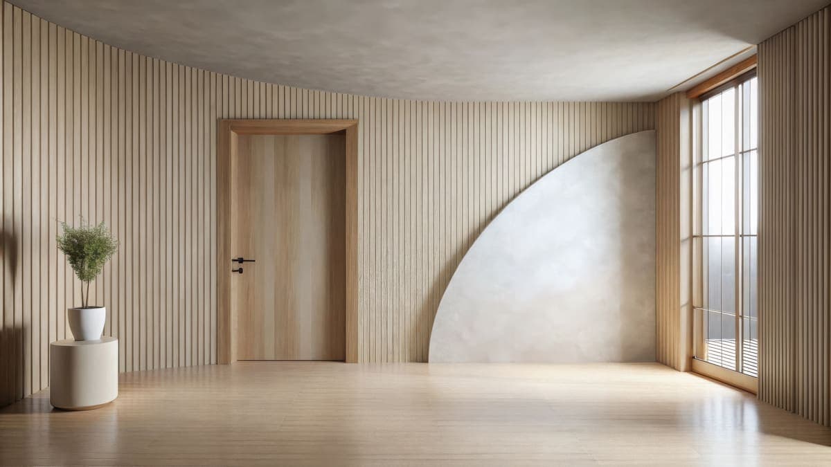 Serene interior with warm wood, sculptural plaster, and soft natural light.